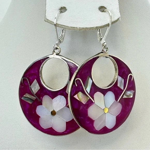 Vintage Taxco Mexico Silver Mother of Pearl Abalone Pink Flower Dangle Earrings - Picture 7 of 9